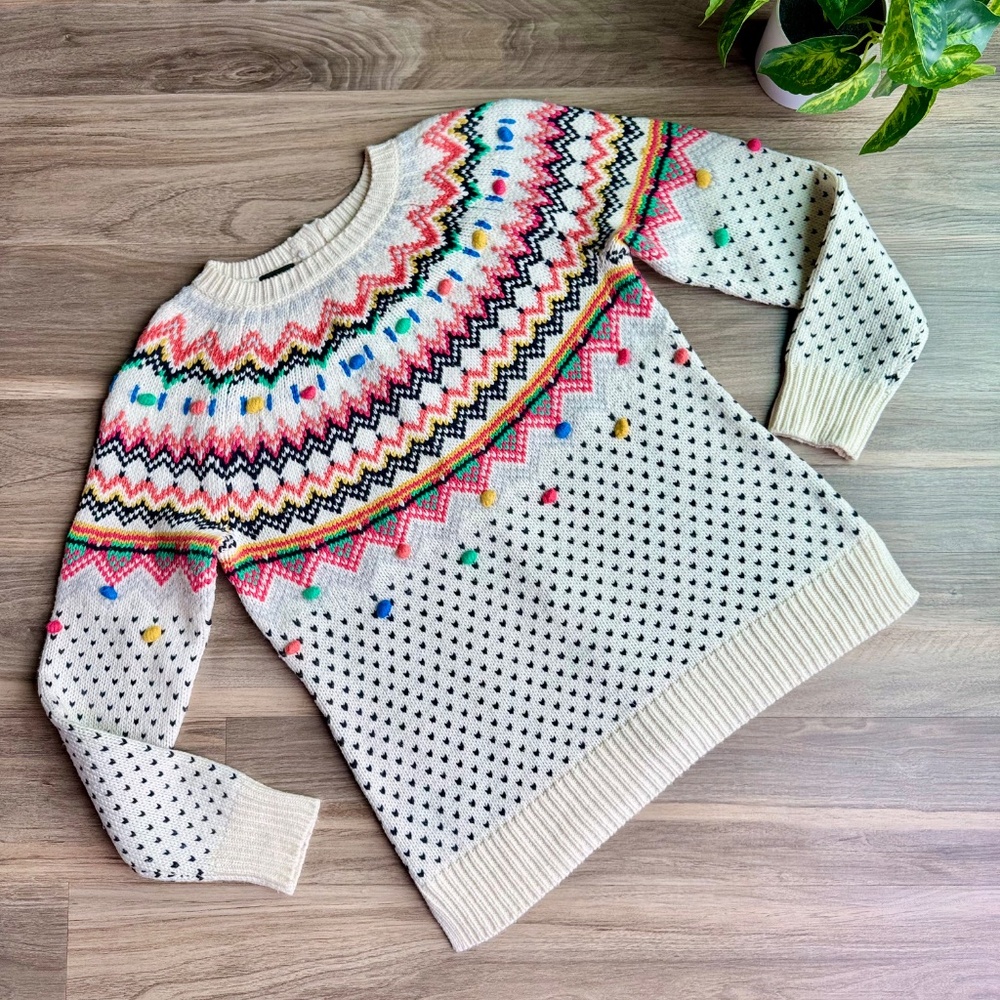 Talbots Multi-Colored Fair Isle Pom Pom Button Back Sweater Women's size M - Picture 2 of 12
